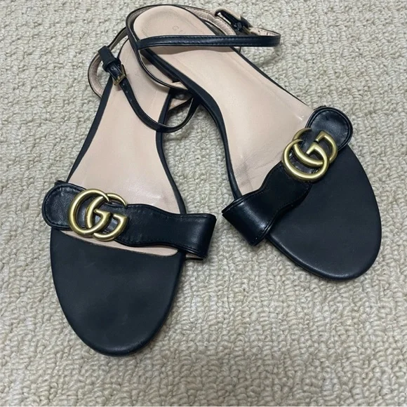 Gucci Marmont Sandals Flat Black Leather Interlocking GG Size 41 - Picture 5 of 15